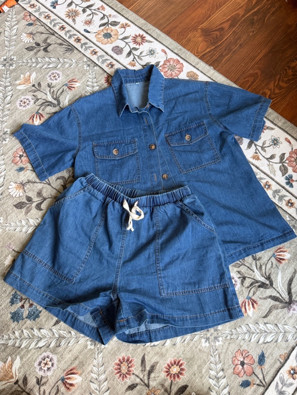 Casual Blue Denim Short Set with Drawstring Waist